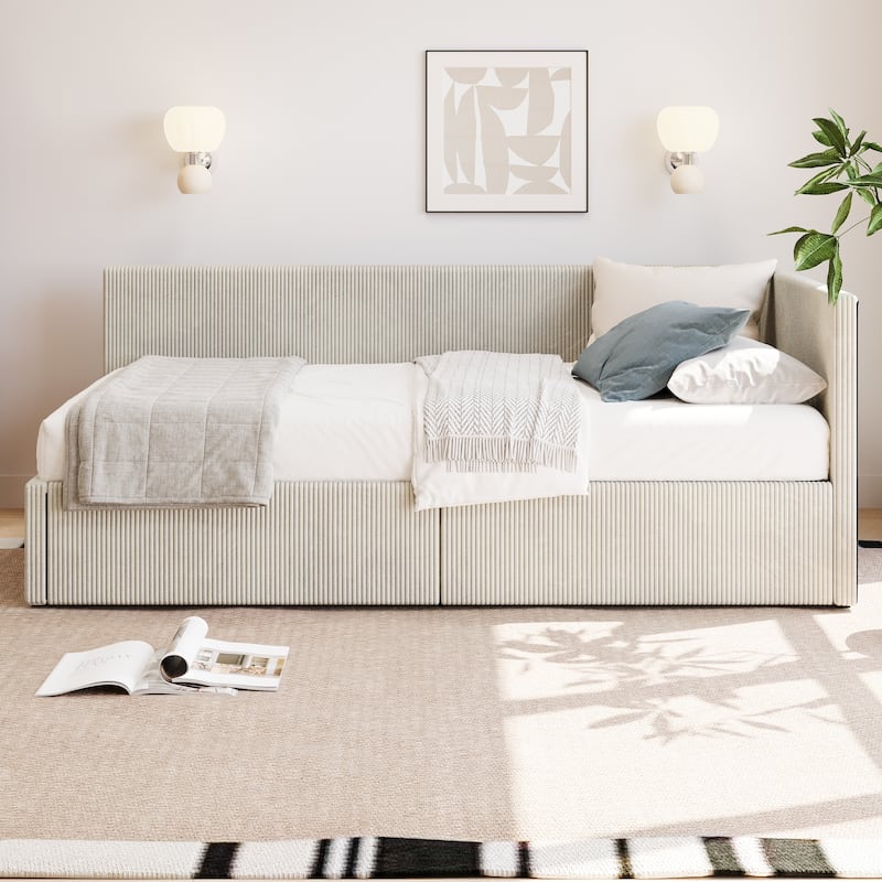 Corner Bed L Shape Daybed Corduroy Upholstered Sofa Bed with 2 Drawers