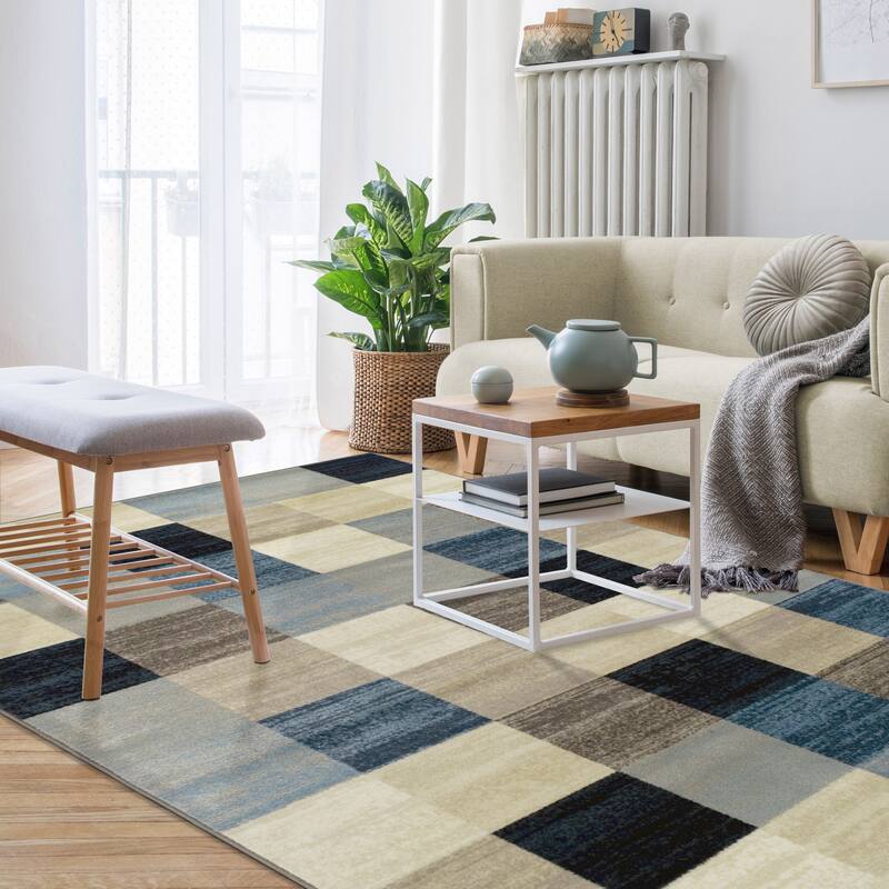 Contemporary Block Tile Indoor Area Rug or Runner by Superior - 4' x 6' - Majolica Blue