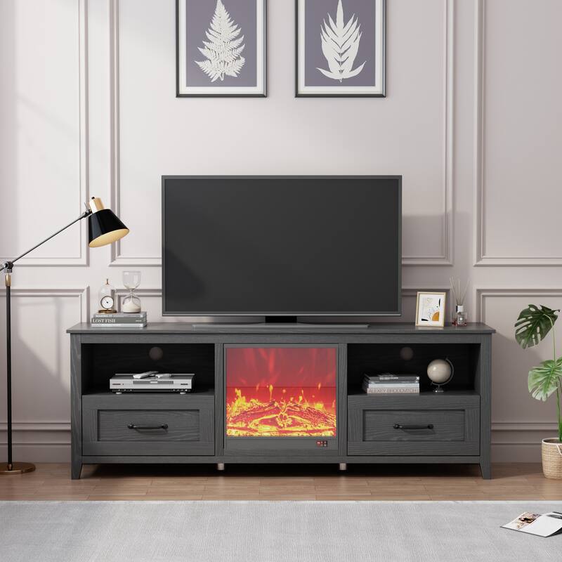 Industrial TV Stand with Fireplace Insert, 2 Drawers, and 4 Storage Compartments, Fits TVs up to 70 Inches
