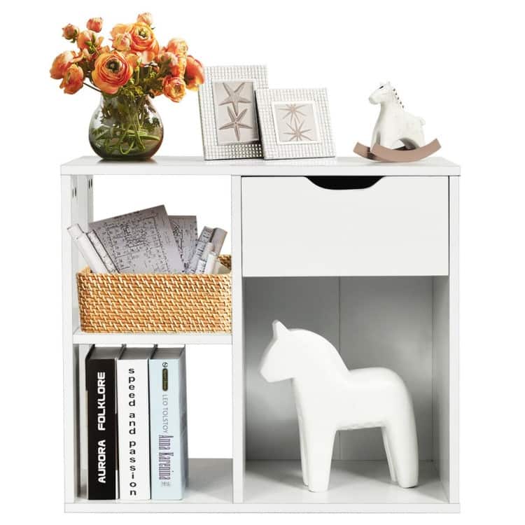 2-Tier Wooden Bookcase with Pull-out Drawer for Bedroom or Living Room