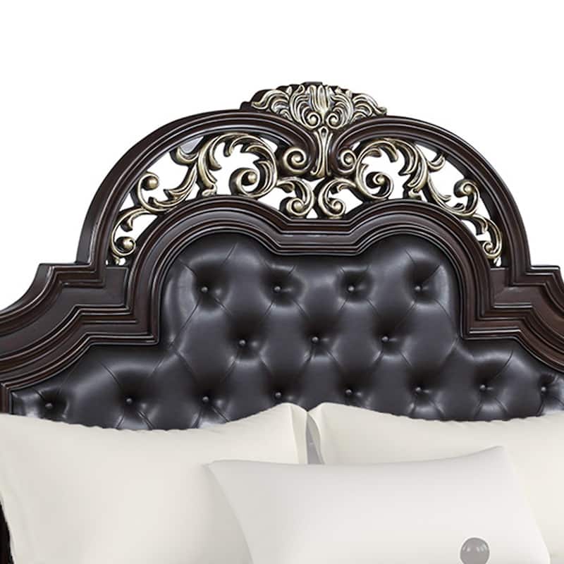 Leatherette and Wood Queen Headboard with Carving and Mirror Inlay, Brown