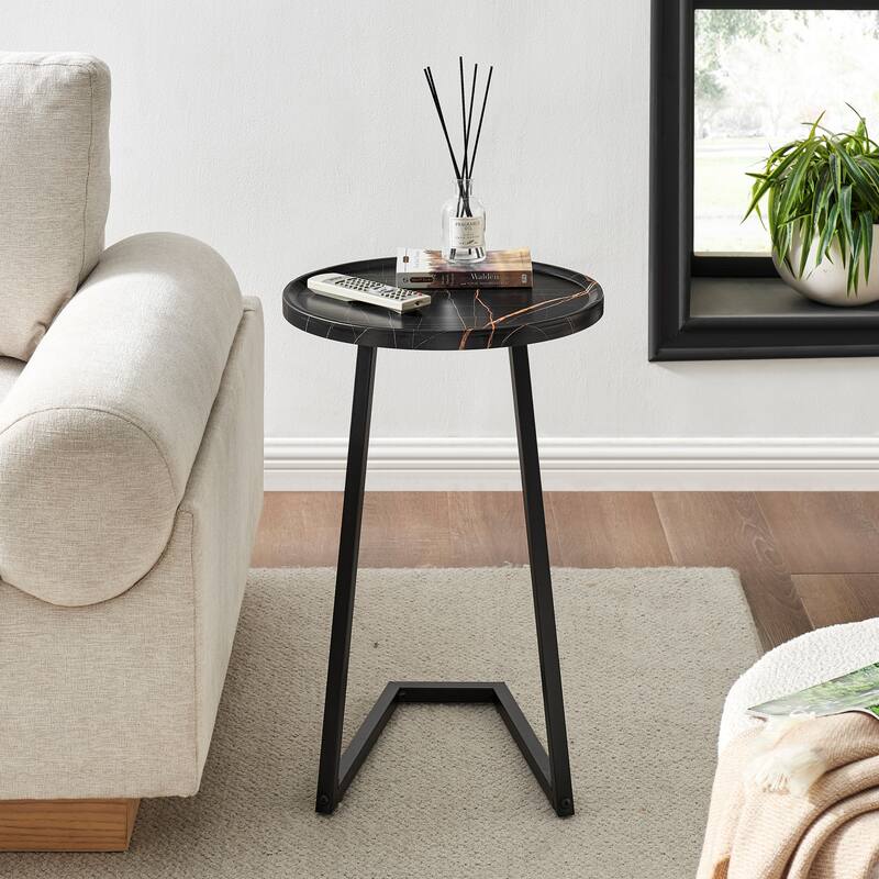 Addison Round Raised Lip Edge Angled Couch-Side Accent C-Table - Black Marble or Brown Walnut