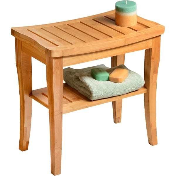 slide 2 of 29, Bamboo Shower Bench Spa Stool - Wood 2-Tier Seat, Foot Rest Shaving Stool with Non-Slip Feet + Storage Shelf Natural