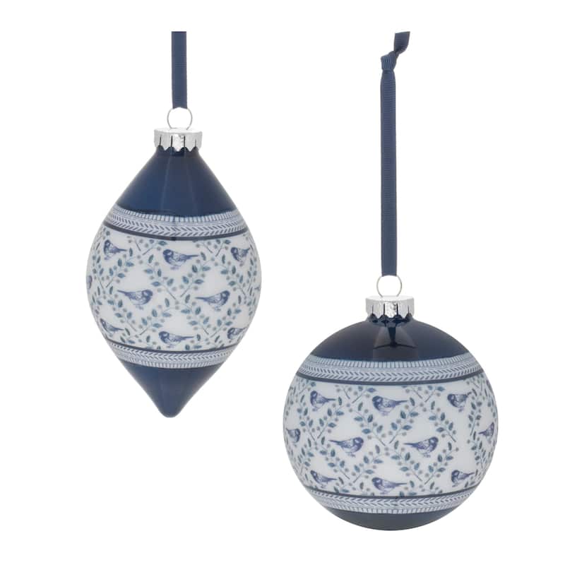 Ornate Bird Drop and Ball Christmas Ornaments - 5.75" - Blue and White - 6ct