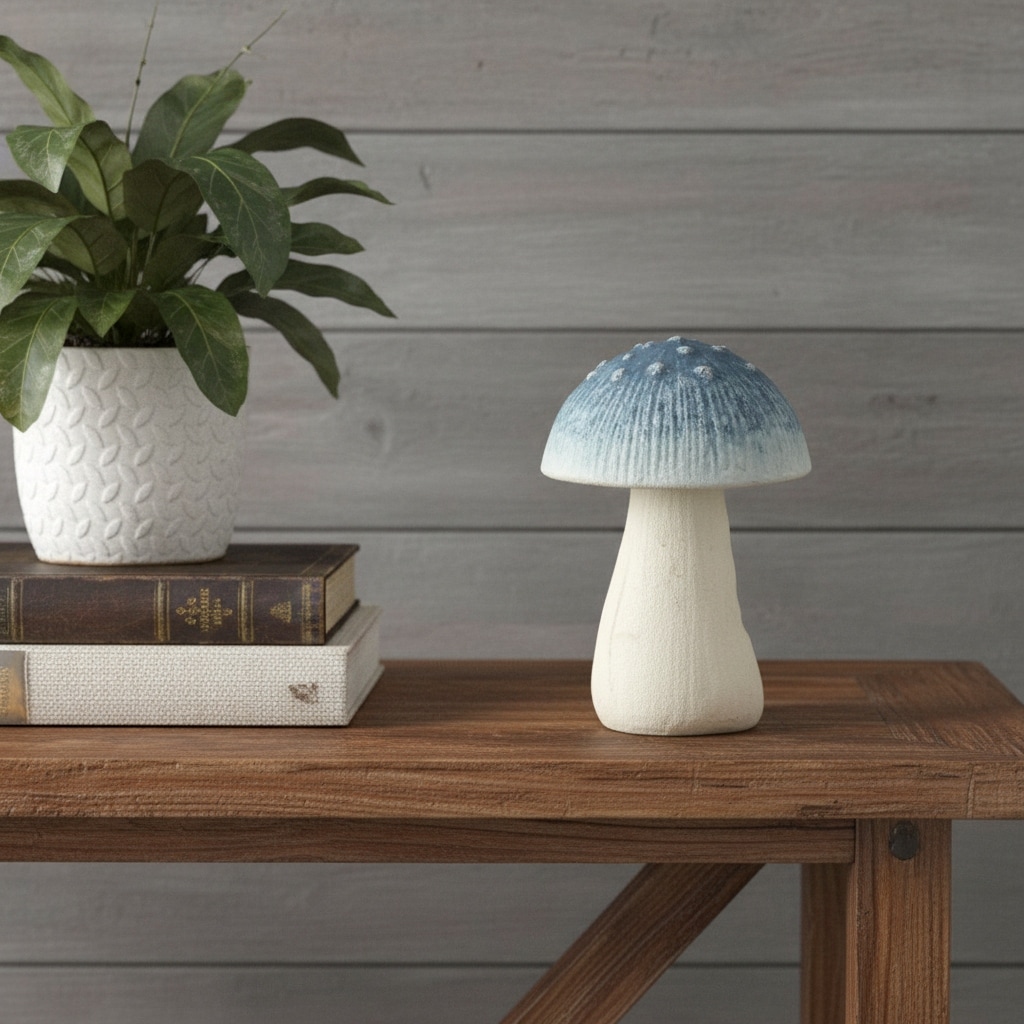 HomeRoots 6" Blue And Off White Cast Iron Mushroom Tabletop Sculpture - 3.75 in. x 5.50 in. x 3.75 in.