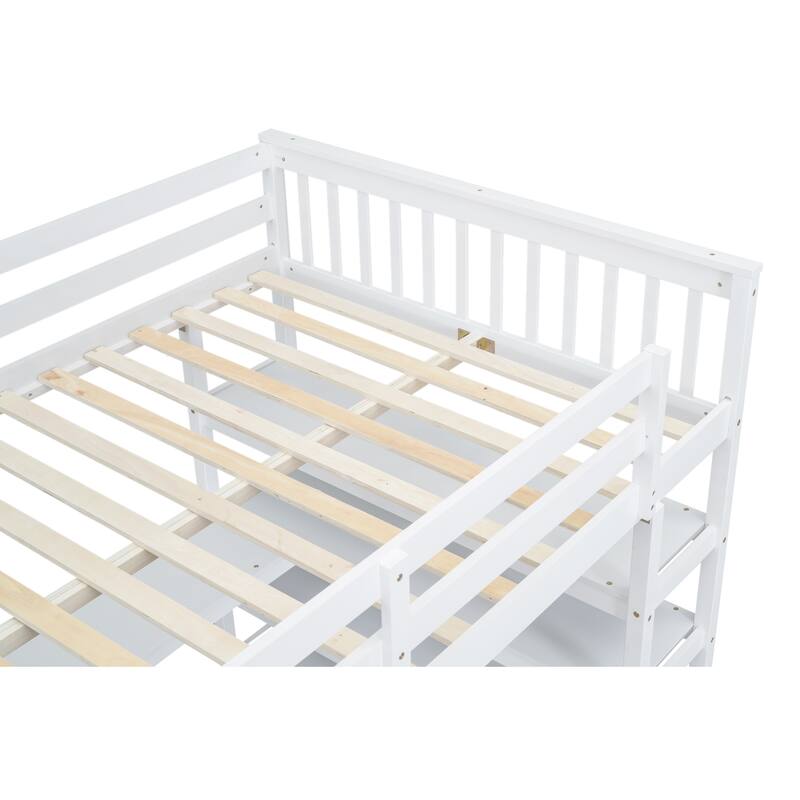Twin/Full Size Loft Bed with Storage Shelves and Built In Desk, Solid Pinewood High Loftbed Frame with Ladder and Guardrail