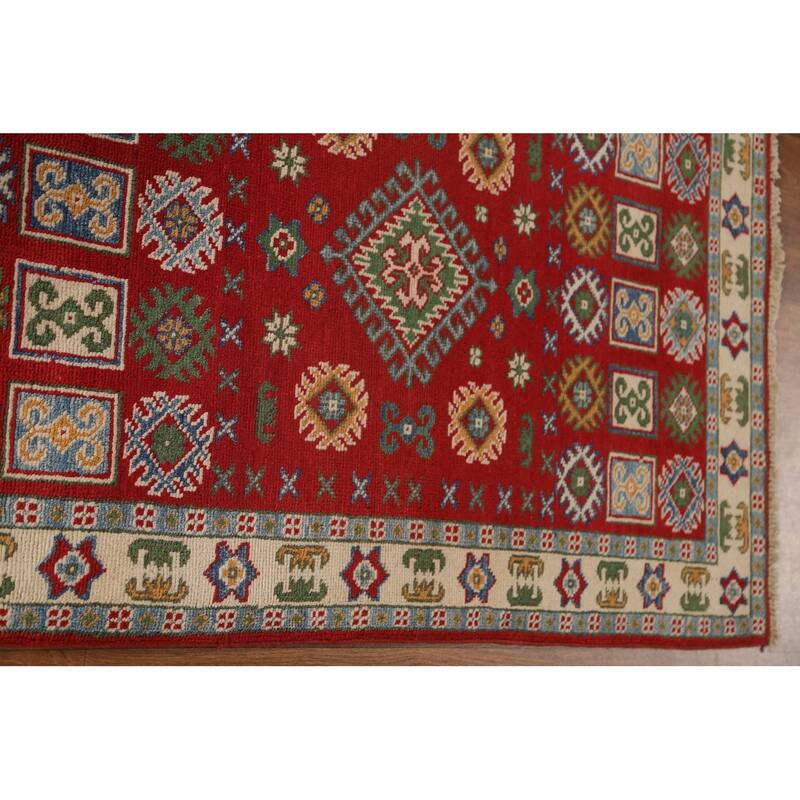 Red Geometric Traditional Kazak Oriental Wool Runner Rug Hand-knotted - 2'9" x 9'4"
