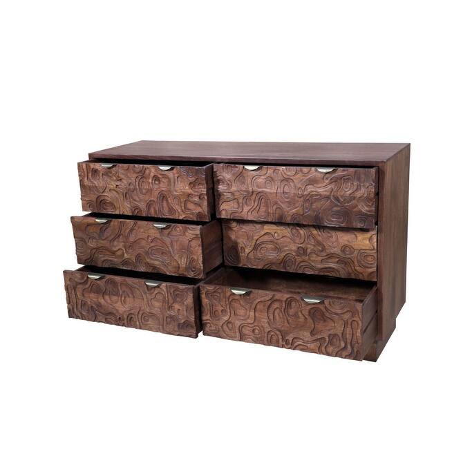 HomeRoots 57" Brown Carved Abstract Solid Wood Six Drawer Dresser