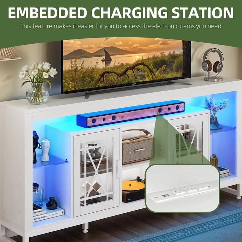 13.8" LED TV Stand for 75" TVs with Acrylic Doors White - 65 inches in width