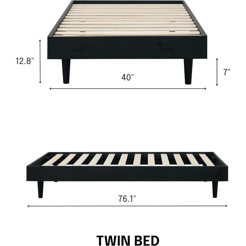 Twin Size Mid Century Modern Platform Bed Frame Black Wood Finish Floating Design Silent Slats Easy Assembly