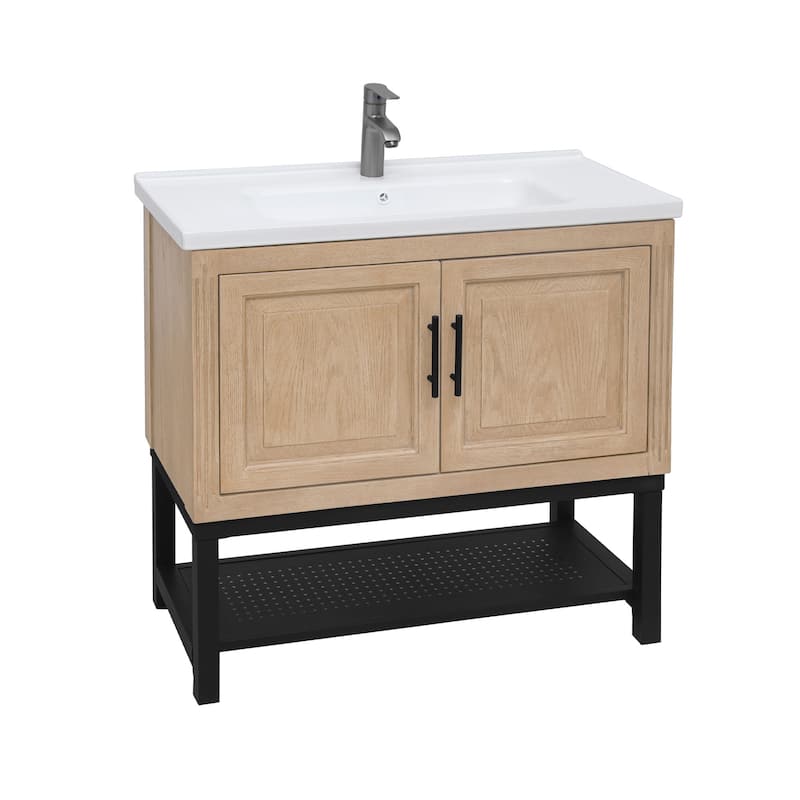 GDFStudio - CompactLine Modern Freestanding Bathroom Vanity with Ceramic Sink and Open Metal Shelf - 36 Inch