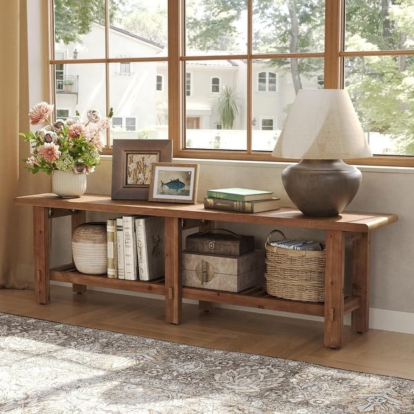 slide 2 of 7, 63" Solid Wood Entryway Shoe Bench, Bed End Bench with Storage Shelf Brown