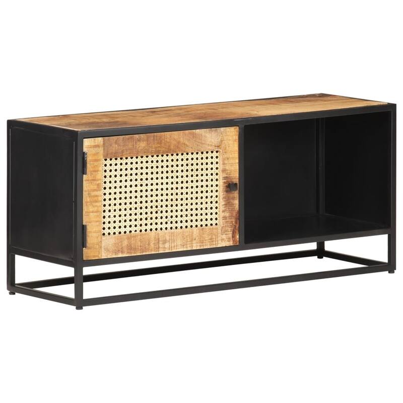 vidaXL TV Stand 35.4"x11.8"x15.7" Rough Mango Wood and Natural Cane - 35.4" x 11.8" x 15.7"