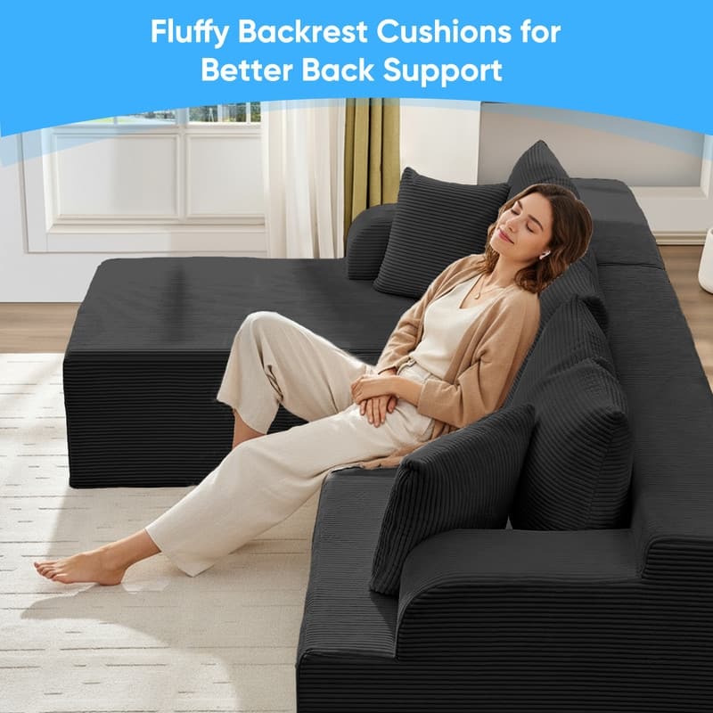 Mixoy 2-Pcs Free Combination Modular Sectional Sofas with Deep Seat,Corduroy L-Shaped Sofa with Chaise Lounge - 3-Seater