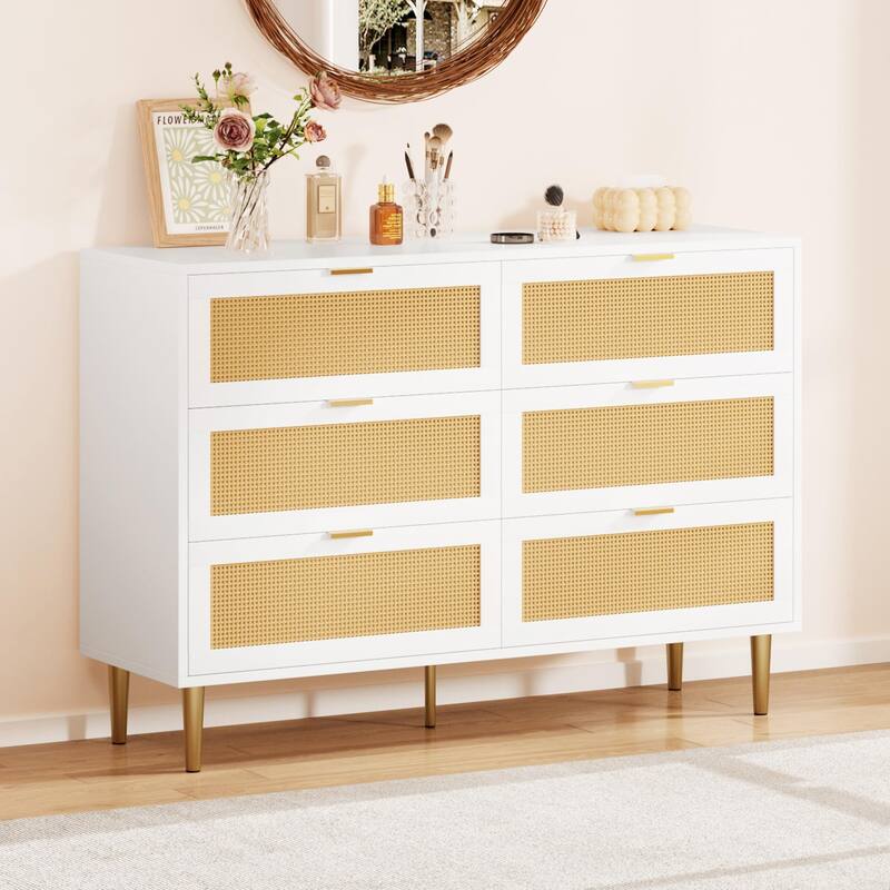 6 Drawer Rattan Dresser for Bedroom, Wide Double Dresser Chest of Drawers
