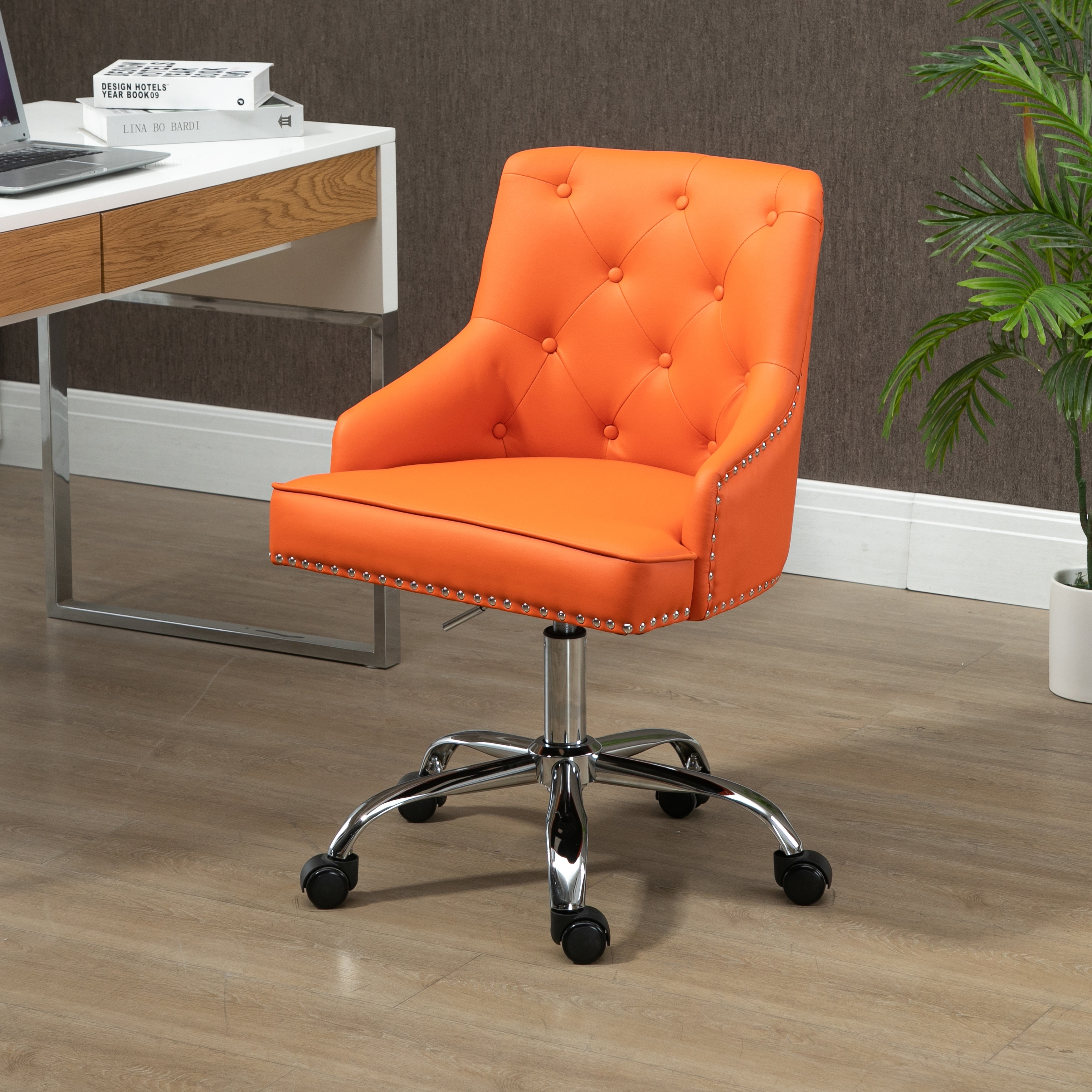 Faux Leather Chair Computer Task Chair 360掳rotation & Height Adjustment Office Chairs with Buttons Backrest and Nailheads