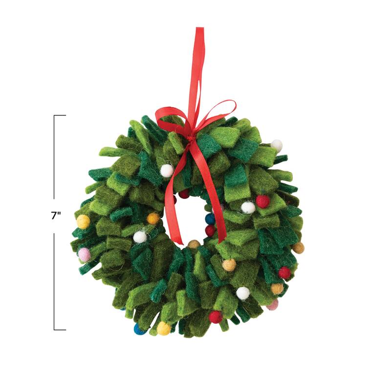 Handmade Wool Felt Wreath Ornament with Pom Poms - 6.8"L x 6.8"W x 2.0"H
