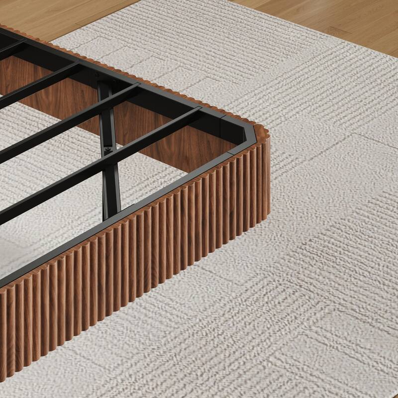 Smart LED Floating Bed without Headboard, Wave Curve Wood Texture Bed Frame, Heavy Duty Metal Slat Support