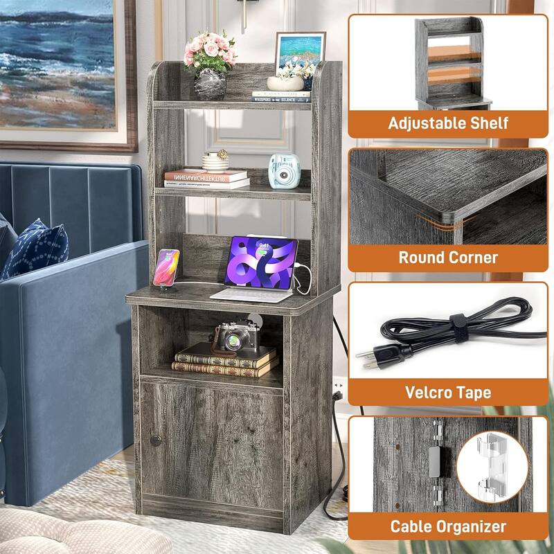 47" Nightstand with Charging Station and LED Lights,Industrial Bedside End Side Table with Adjustable Bookshelf Storage Cabinet