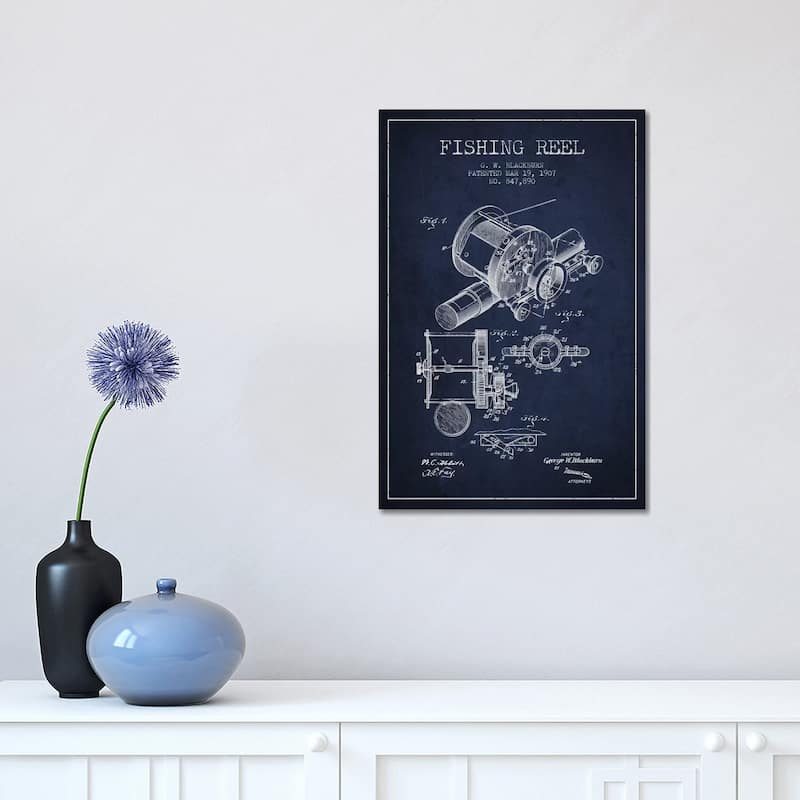iCanvas "Fishing Reel Navy Blue Patent Blueprint" by Aged Pixel Canvas Print - 18x12x1.5