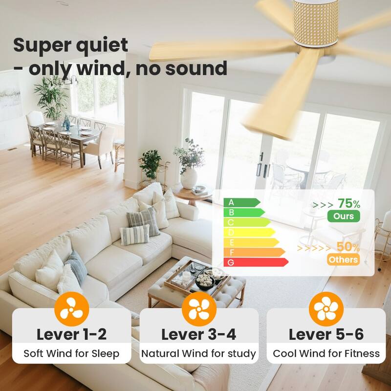 MLiAN 5 Solid Wood Blades Ceiling Fan with Lights Remote Control 6-Speed DC - 54''