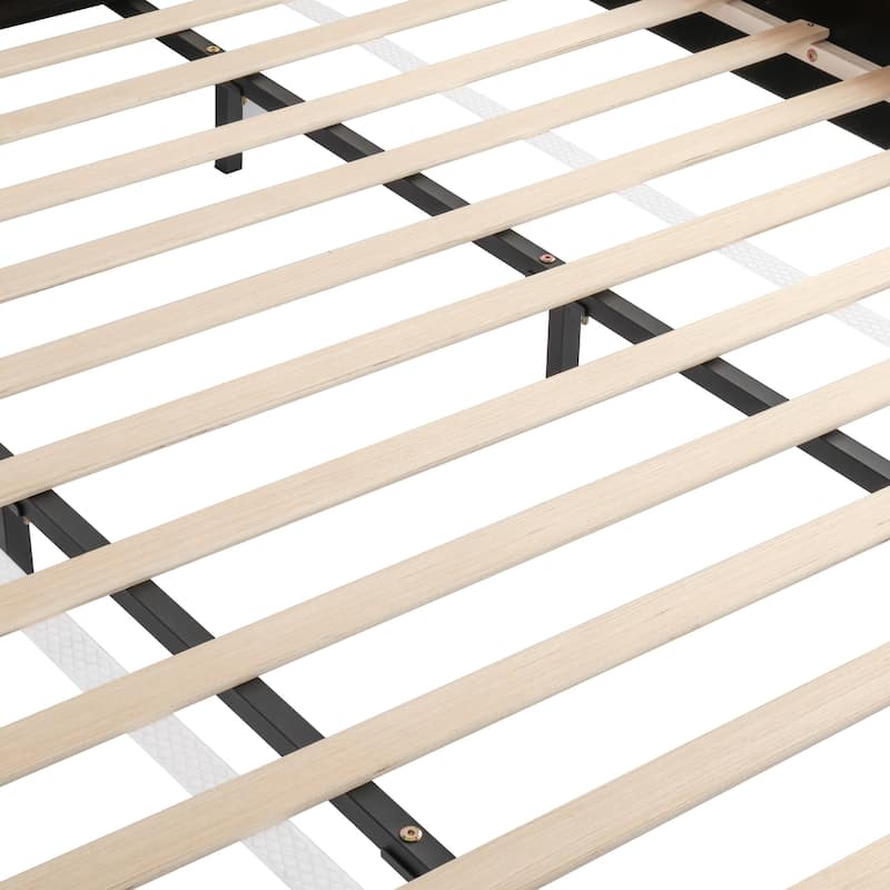 White Low-Profile Platform Bed Boucle Fabric Upholstered Frame with Wood Slat Metal Legs Support, 2 Removable Pillows Headboard