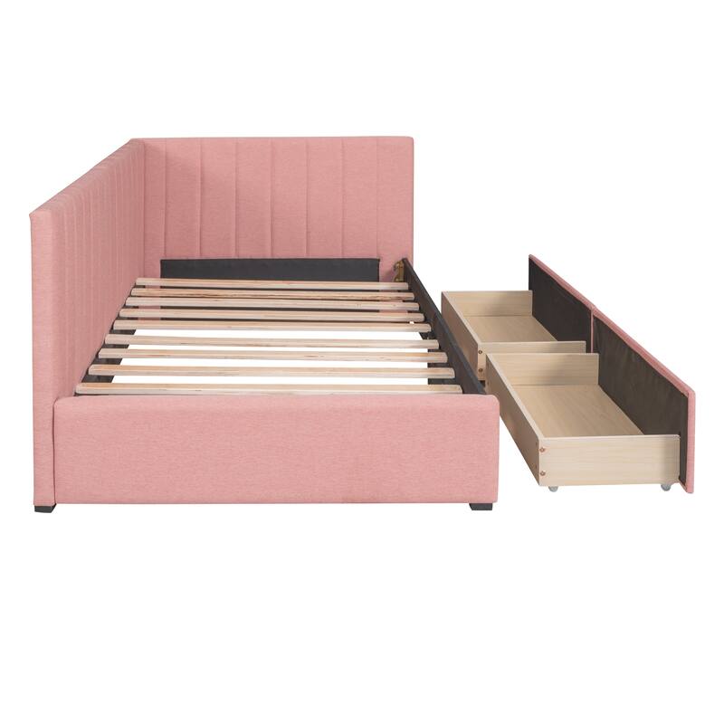 Twin Size Upholstered Daybed with 2 Storage Drawers, Linen Fabric Sofa Bed Frame, No Box Spring Needed