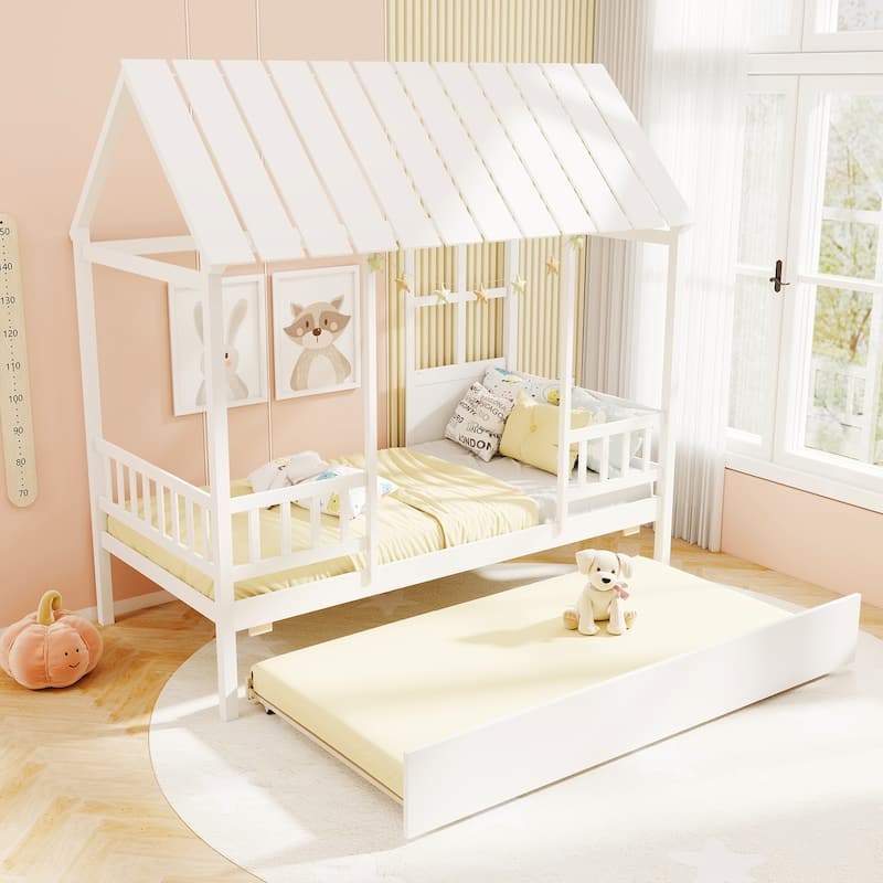 White Wooden Twin Platform House Bed Frame with Trundle and Guardrails for Kids Bedroom