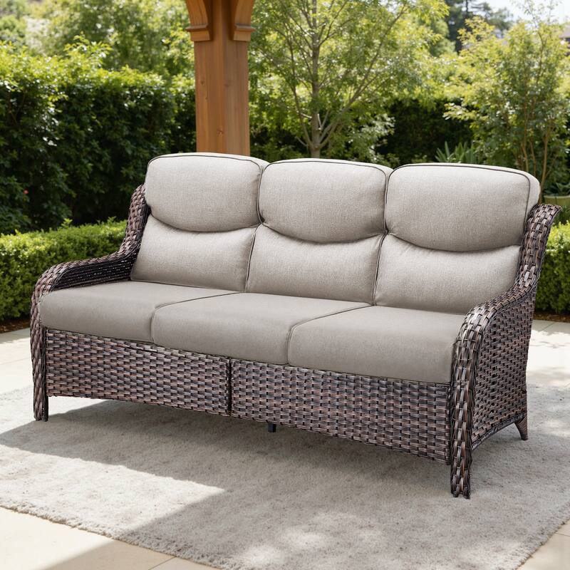 Meyreso Handwoven Wicker Outdoor Patio 3-Seat Sofa with 5-Inch Thick Cushions - Beige Cushions - Brown Wicker