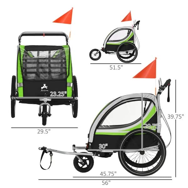Aosom Child Baby Bike Trailer Kids 2 Seater, Bike Stroller Toddler, Green