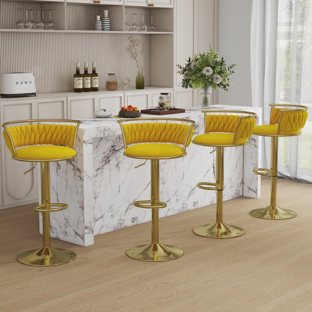 4 Set Velvet Adjustable Swivel Bar Stools With Backs