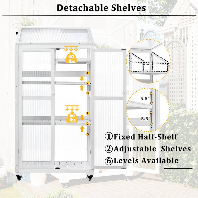 62 Inch Large Cold Frame Greenhouse With Adjustable Shelves, 4 Wheels, Portable Greenhouse Cabinet