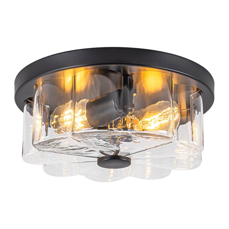 2-light Modern Farmhouse Matte Black Flush Mount Ceiling Light with Clear Flower-Shaped Glass Shade