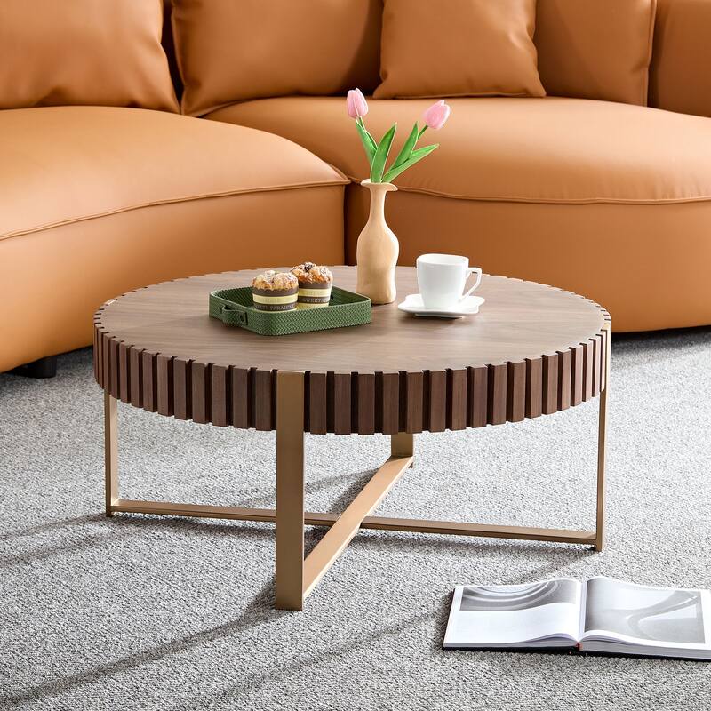 Modern Handcraft Drum Coffee Table 31.5 inch Round Coffee Table for Living Room, Small Coffee Table with Sturdy Pedestal