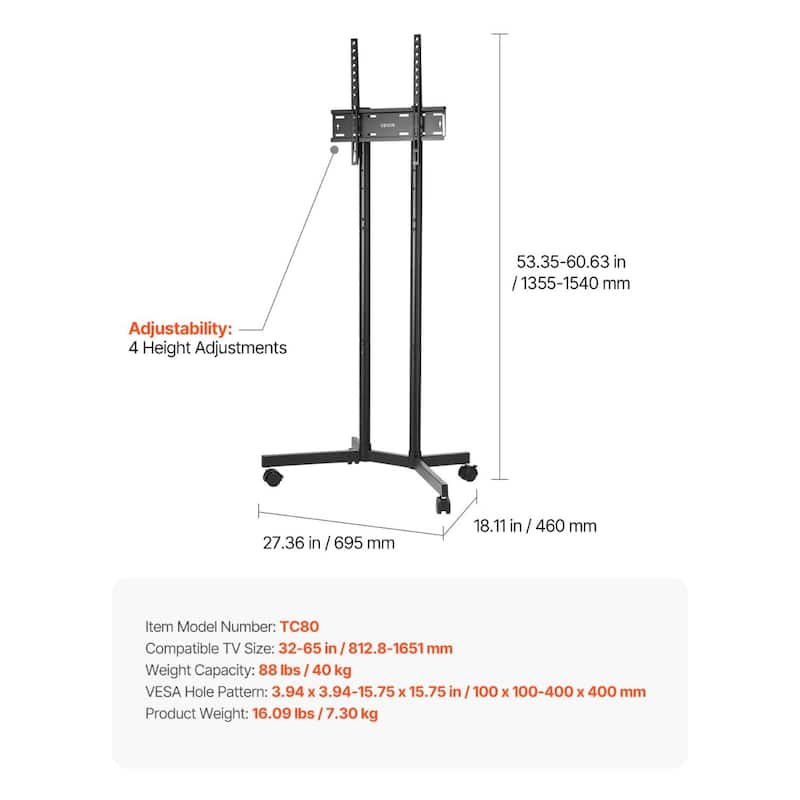 Rolling TV Stand for 32-65 Inch Screens, Adjustable Height Mobile Cart - 27.36 x 18.11 x (53.35 ~60.63) in
