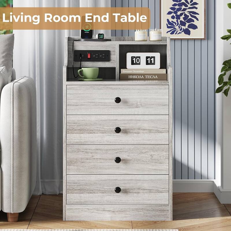 Nightstand with Drawers Charging Station End Side Table with Hutch