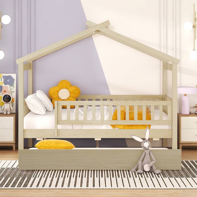 Pine House Bed with Trundle, Guardrail & Roof