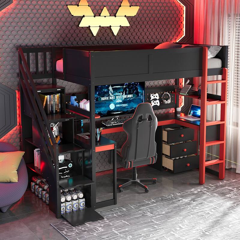 Gaming Loft Bed with Recessed Table Cabinet Pegboard Storage Stairs - Black+Red - Twin
