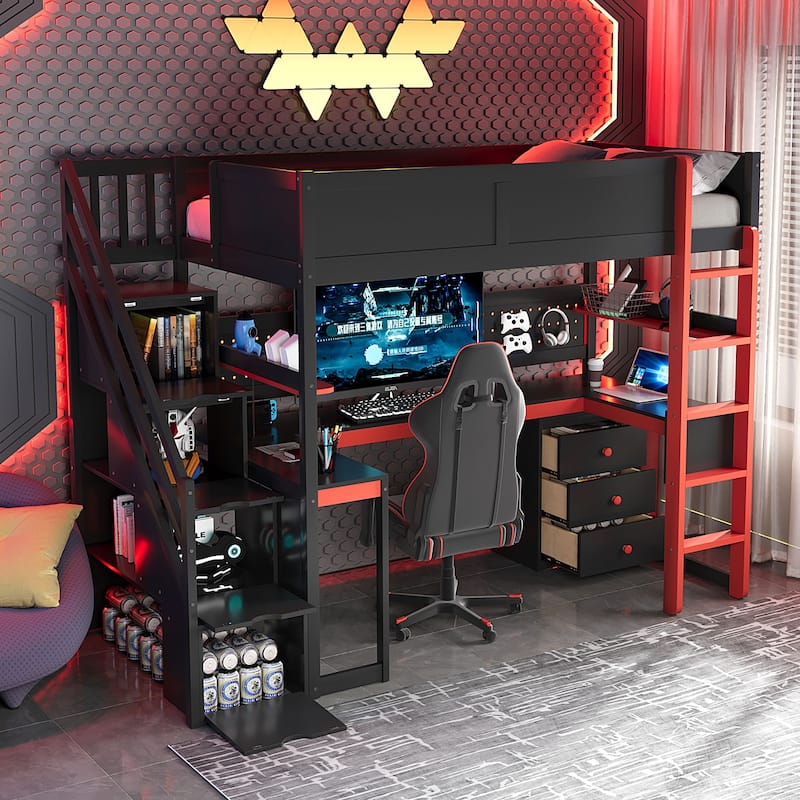 Gaming Loft Bed with Storage Stairs & Desk, Video Game Bed Wood Loft Bed Frame with Pegboard for Teens