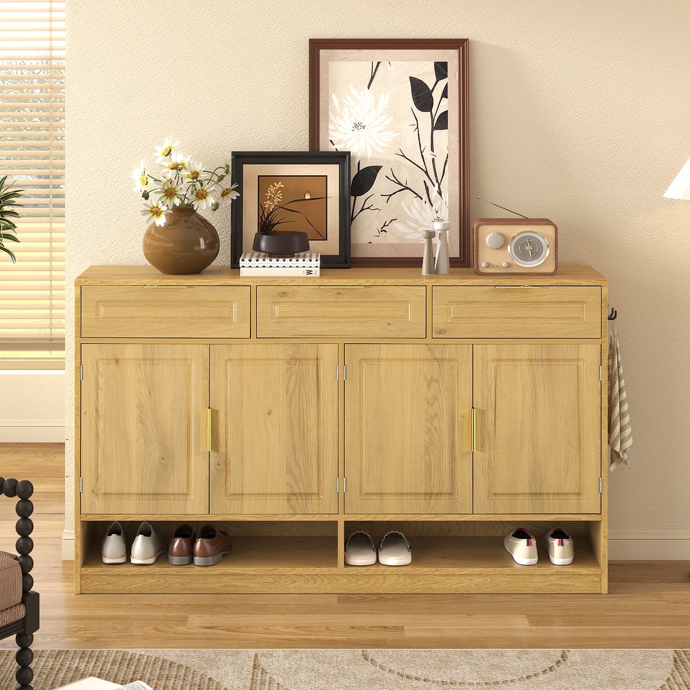 Farmhouse Sideboard with 3 Drawers & 4 Doors, 59.1" Multi-Functional Storage Buffet with Adjustable Shelf