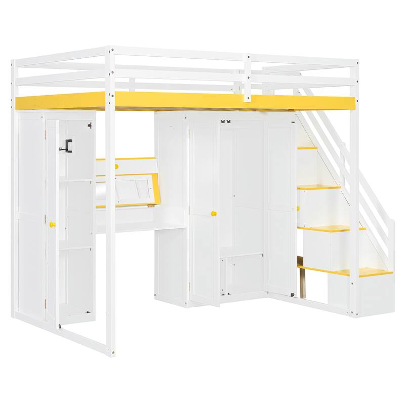 Full Size Loft Bed with Storage Staircase, Built-In Dressing Table, USB Ports & Lights by Harper&Bright Designs