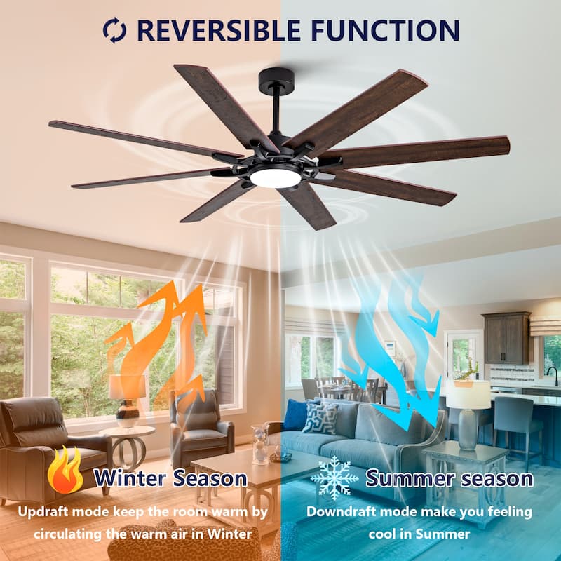 Large Ceiling Fan with Light: Modern 72-inch 8-blade dual-finish outdoor ceiling fan with remote control - Black + Dark Walnut