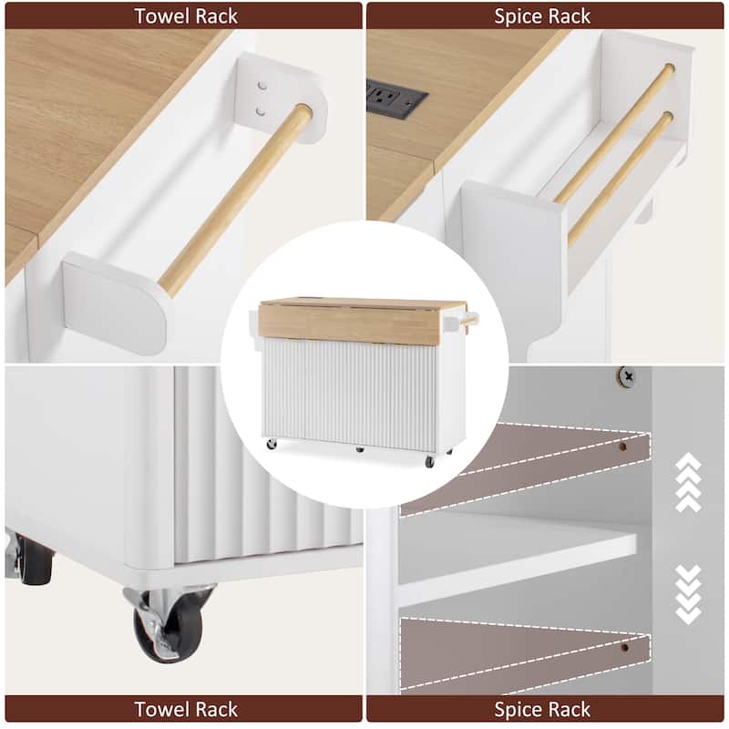 Fluted Kitchen Island with 2 Drop Leaf, 4 Doors Rolling Island Table, Kitchen Storage Cart with Power Outlet and Spice Rack