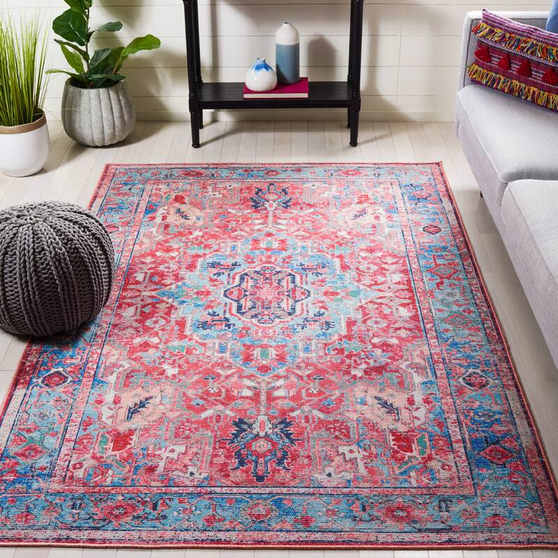 SAFAVIEH Serapi Machine Washable Sabina Medallion Distressed Rug - 8' x 10' - Light Blue/Red