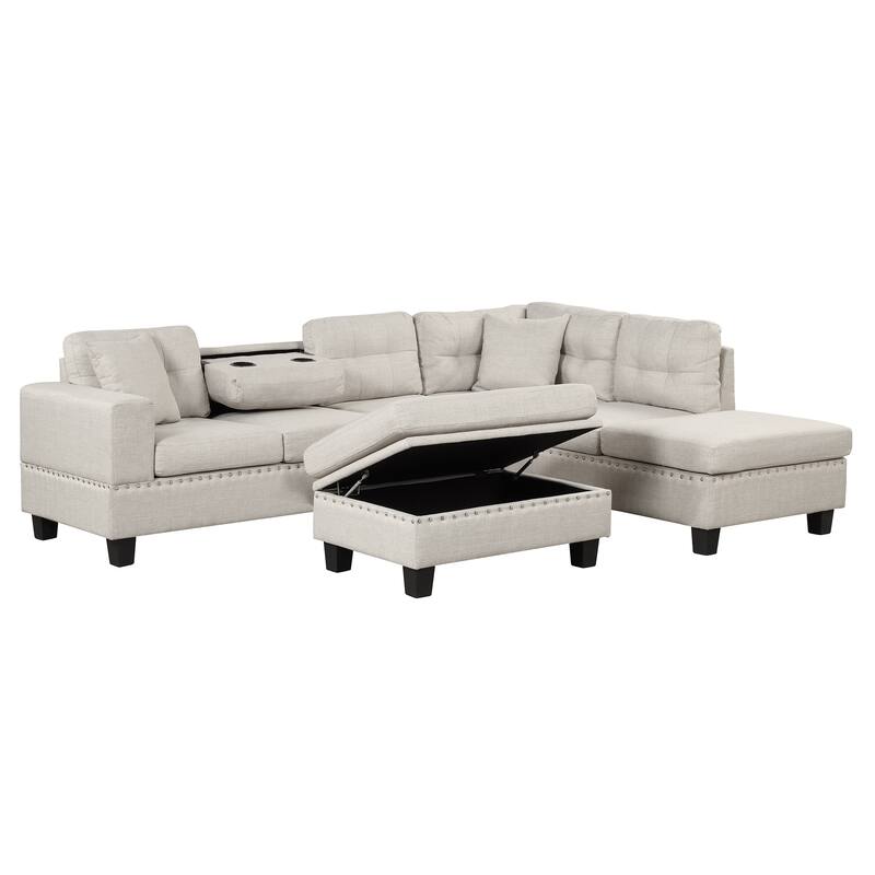 105.1" Velvet L-Shaped Sectional Sofa with Reversible Chaise, Storage Ottoman and Cup Holders
