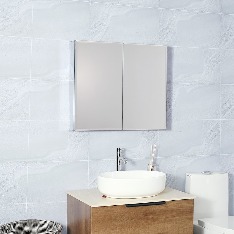 30-in W Modern Double-Door Aluminum Wall Mount Bathroom Mirror Medicine Cabinet - 30-in W x 5-in D x 26-in H