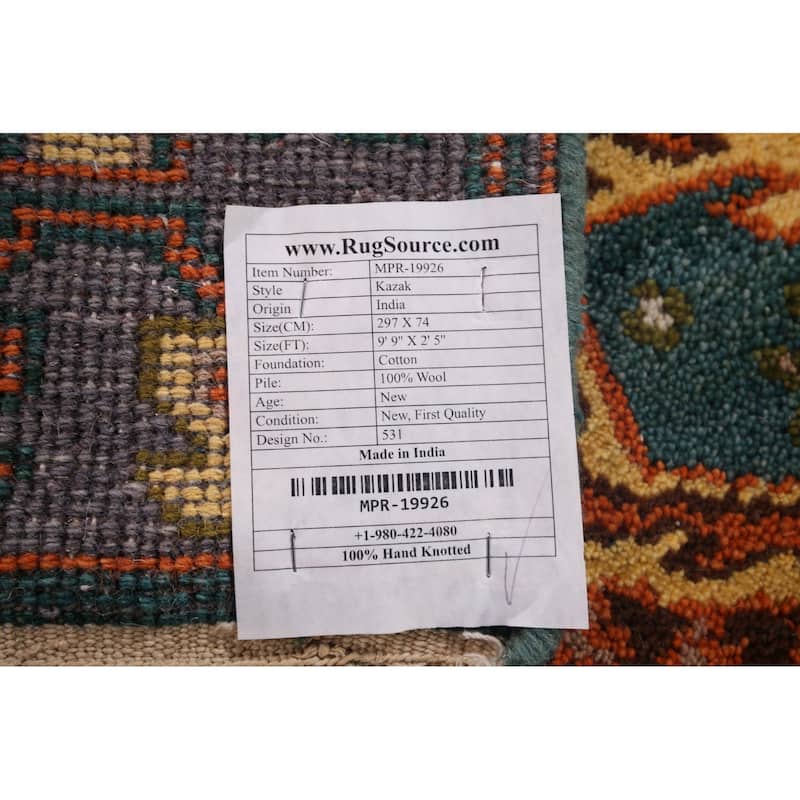 Green Geometric Kazak Indian Runner Rug Hand-Knotted Wool Carpet - 2'5"x 9'9"