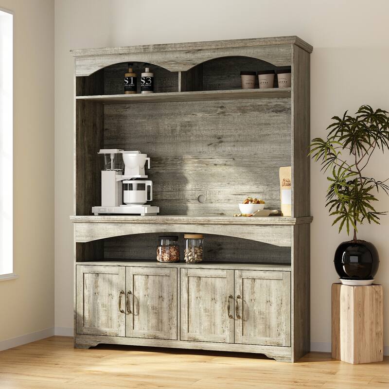 Coffee Bar Cabinet with Hutch and Storage Shelves Rustic Buffet Cabinet with 4 Doors for Kitchen or Dining Room