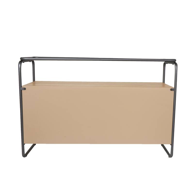 Brown Wooden Living Room Coffee Table with Cane Front Drawers and Gray Metal Frame