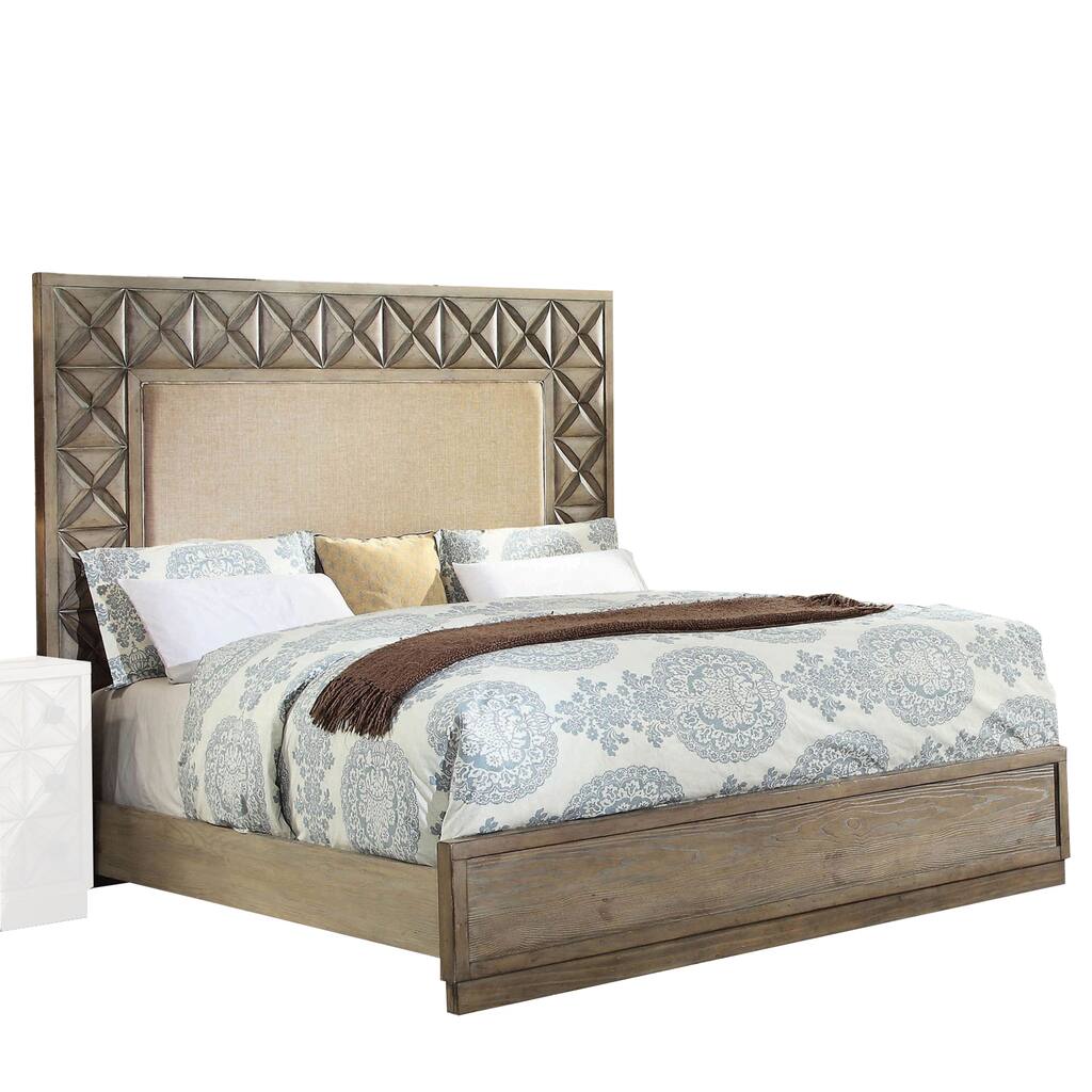 Transitional Queen Bed with Wood Inlay and Padded Headboard,Beige and Brown